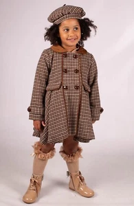 SIRRI Girls Brown Houndstooth Coat & Beret Set with Velvet Trim, Winter & Autumn - Picture 1 of 9