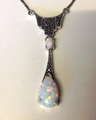 Art Deco Fire Opal Marcasite Peardrop Necklace October Birthstone Anniversary  - Image 1 of 4