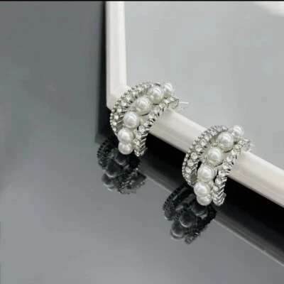 Preciosos pendientes de plata para mujer de plata de ley 925 con perlas de cristal estilo filas C  Foto 1 de 4