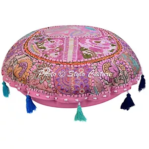 Ottoman Small Pink Floor Pillows Round Vintage Patchwork Floor Cushions Cover - Picture 1 of 5