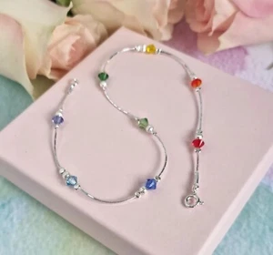 ANKLET 925 Sterling Silver Multi-Coloured Genuine Crystal Ankle Bracelet  - Picture 1 of 7