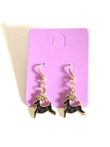 🎄Cute Black Enamel Christmas Reindeer Gold Plated Earrings🎄 - Picture 1 of 9
