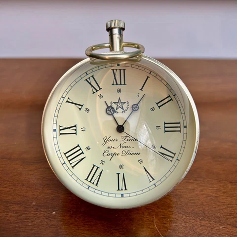 Glass Ball Desk Clock Things remembered Your Time is Now Carpe Diem Magnifying Cover