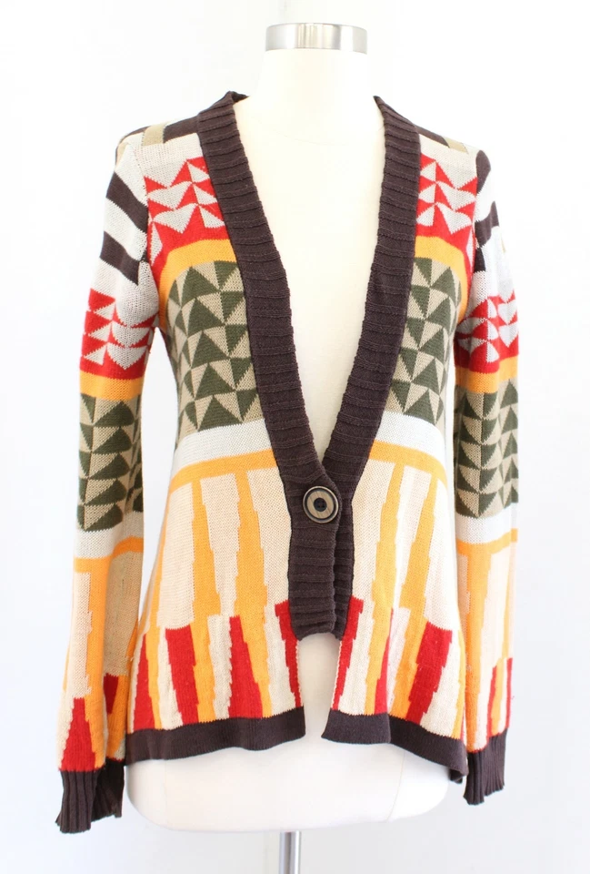 Sparrow Anthropologie Onam 几何复古开衫毛衣 S 码亚麻棕色 — 第 1/4 张图片