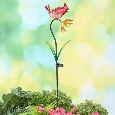 3 Ft Tall Solar Lighted Cardinal with Yellow Flower Outdoor Metal Garden Stake - Image 1 of 3