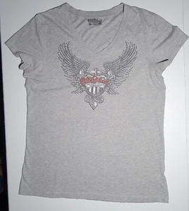Camiseta gris manga corta cuello en V Old School Motorcycle Company para mujer talla 2XL - Imagen 1 de 9
