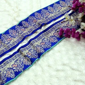 Vintage Blue & Green Sari Border Woven Banarasi 1yd Trim Craft Sewing Recycled - Picture 1 of 14