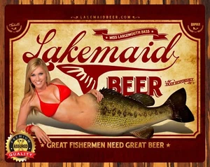 Cerveza Lakemaid - Gran Pescador Necesita Gran Cerveza - Letrero de Metal 11 x 14 - Imagen 1 de 4
