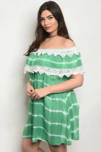 Womens Plus Size Green and White Tie Dye Dress 1XL Cold Shoulder Lace Accent - Picture 1 of 2