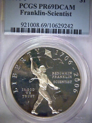 2006-P BENJAMIN FRANKLIN SCIENTIST COMMEMORATIVE PCGS PR69DCAM, NICE COIN - Image 1 of 4