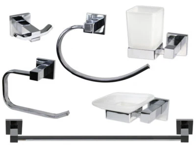 Set bagno quadrato acciaio cromato e vetro satinato 6 pezzi arredo moderno  - Immagine 1 di 4