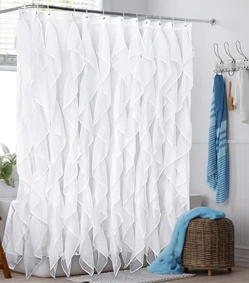 Gorgeous Fabric Rosette Shower Curtain Elegant White Ruched Clean Anthropologie - Image 1 of 4