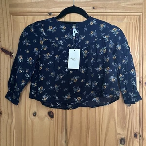 Pepe Jeans Women’s Blouse Size UK 6 XS Half Sleeve Crop Top Navy Yellow Flowers - Picture 1 of 13