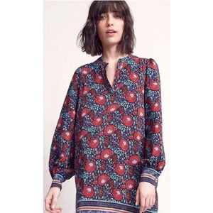 Warm Size 0 Bohemian Spring Mini Dress Blue Silk Floral Split Neck Long Sleeves - Picture 1 of 10