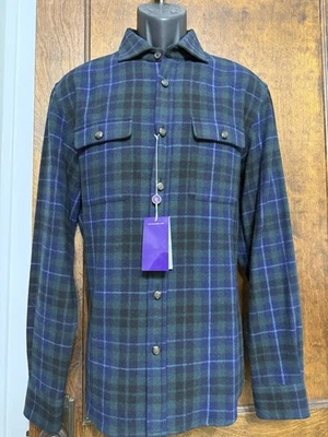 Ralph Lauren Purple Label Plaid Cashmere Men Shirt Navy 16 Italy MSRP $1495 - Image 1 of 4