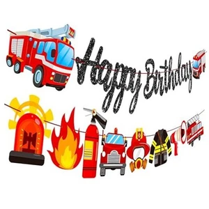 Fire Truck Birthday Banner Firefighter Baby Shower Fireman Happy Birthday - Picture 1 of 8