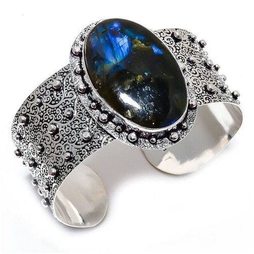 VALENTINO Polsino Regolabile Pietra Preziosa Labradorite Argento 925 Vintage Gioielli Fatti a Mano