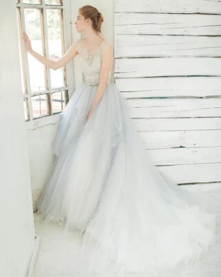 Ready to Ship Grey Blue Long Train Bridal Skirt/Ruffled Photo Shoot Skirt - Image 1 of 4