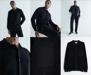 River Island schwarz Mesh Langarm Strick Shirt Knöpfe Kragen Top - Bild 1 von 3