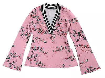 GUESS Pink Floral Print Long Bell Sleeve V Neck Blouse Top XS Made In Italy VGC - Image 1 of 4