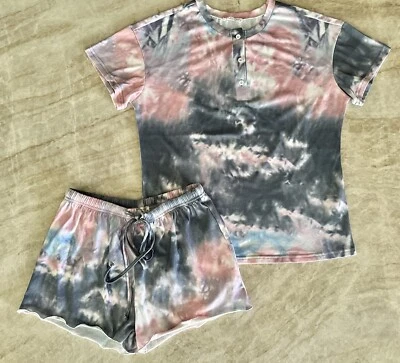 Conjunto de pijama Ekouaer para mujer tie dye talla S tie-dye manga corta cordón cintura Foto 1 de 4