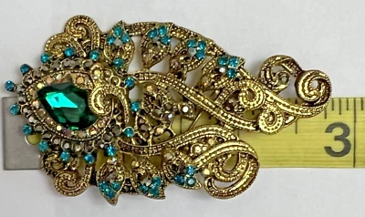 花卉水晶水钻胸针复古玻璃孔雀羽毛绿色蓝色美国 — 第 1/4 张图片