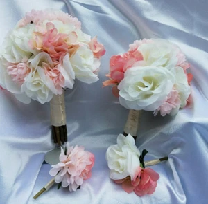 4 Pc Ivory Rose Pink Hydrangea Wedding Bouquet Package, Bridal Bouquet Set Blush - Picture 1 of 7