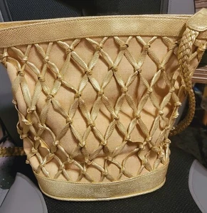 Vintage Tianni Shiny Metallic Gold Bucket Purse Handbag Long Strap, Woven - Picture 1 of 12