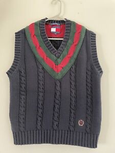 Vtg Tommy Hilfiger Chunky Thick Cable Knit Sweater Vest Blue Red 90s Preppy Sz M