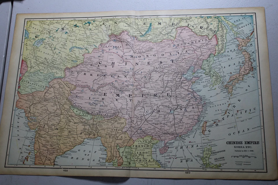 1904 CRAM Map of CHINESE EMPIRE, KOREA, INDIA, FRENCH INDO CHINA / 14x22" - Image 1 of 1