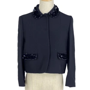 MIU MIU Sequin Collar Jacket Beaded Short Length Outerwear Acetate Rayon Navy 38 - Picture 1 of 8