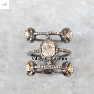 Anillo de diamantes Pave joyería Polki plata esterlina 925 hecho a mano anillo unisex regalo - Imagen 1 de 6