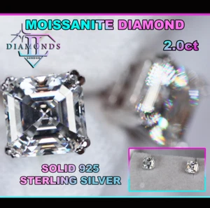 2.0ct Moissanite Diamond Ear Studs, Moissanite Asscher Diamond Ear Studs - Picture 1 of 7