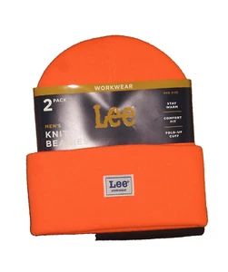 Lee Workwear 2 Pack Ribbed Cuffed Beanie with Woven Patch One Size Orange/Black - Picture 1 of 2