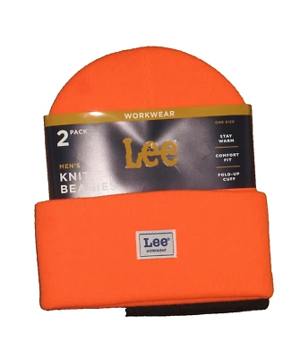 Lee Workwear 2 Pack Ribbed Cuffed Beanie with Woven Patch One Size Orange/Black - Image 1 of 2