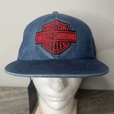 Harley Davidson Denim Blue- Red Graphic Snapback Baseball Hat Cap One Size - Image 1 of 4