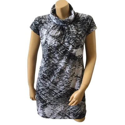 Ruby Rox Size Medium Black White Abstract Print Short Sleeve Turtleneck Dress - Image 1 of 4