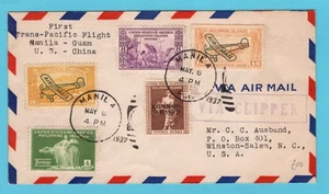 PHILIPPINES Clipper First flight cover 1937 Manila over Guam to Winston S. USA - Picture 1 of 2
