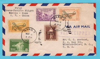 PHILIPPINES Clipper First flight cover 1937 Manila over Guam to Winston S. USA - Image 1 of 2