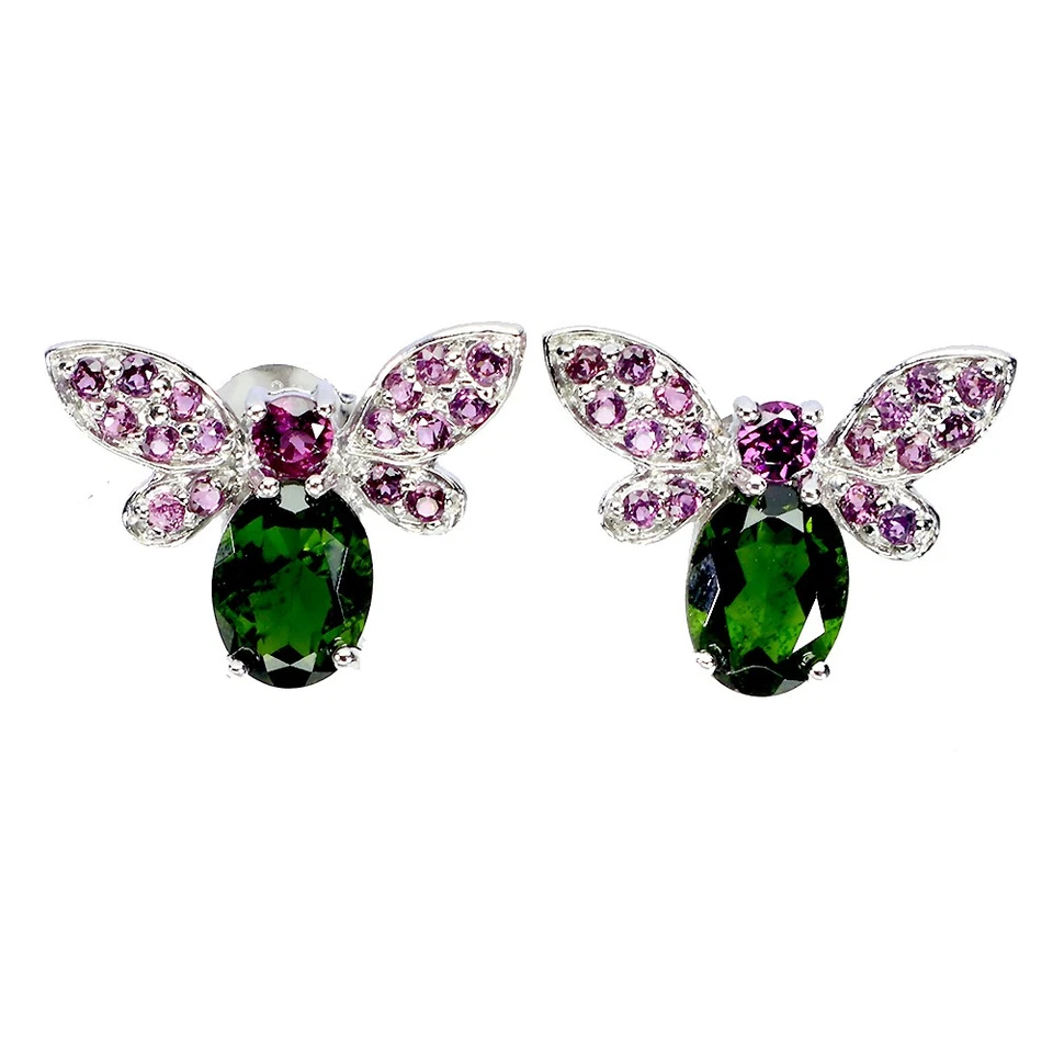 925 Sterling Silver Earrings Oval Chrome Diopside Rhodolite Gemstone Bee Jewelry - Image 1 of 4