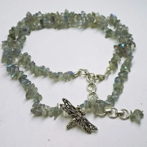 Labradorite Chip Bead Necklace w/ Sterling Silver clasp dragonfly pendant 19" - Picture 1 of 2