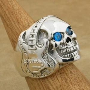 Blue CZ Eyes 925 Sterling Silver Guitar Music Skull Punk Ring 8V113C UK N½~Z4 - Picture 1 of 27