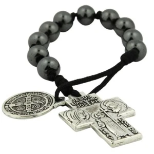 St Benedict St Christopher Cross Black Beaded Auto Rosary Catholic Prayer Beads - Bild 1 von 4