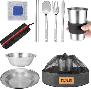 Outdoor Camping Dinnerware Kit - 1 to 2 Persons Dishes Cups, Bowls, Dishes, Kniv - Picture 1 of 12