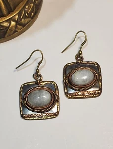 Hammered Metal Earrings W/moonstones 878 - Picture 1 of 6