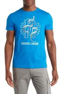 $290 - Roberto Cavalli Snake Graphic Print Crew Neck T-Shirt Blue Size Large - Picture 1 of 7