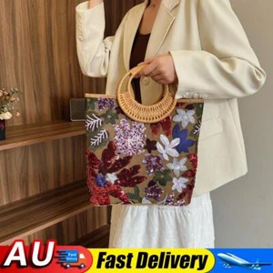 Floral Tote Bag Rounded Bamboo Handle Beach Bag Handbags for Women (Purple) HOT - Picture 1 of 9