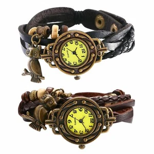 Damen Herren Vintage Eule Charm geflochten PU Leder Wickelarmband Quarz Armbanduhr - Bild 1 von 16