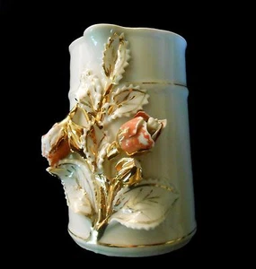 Milchkännchen antik Keramik mit rosa und goldenen Rosen Relief handbemalt - Bild 1 von 12