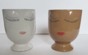 Set 2 Fioriere Ceramica Donna Volto Dipinto 5" Alto Accento Decorazione Lei e Lei - Foto 1 di 11